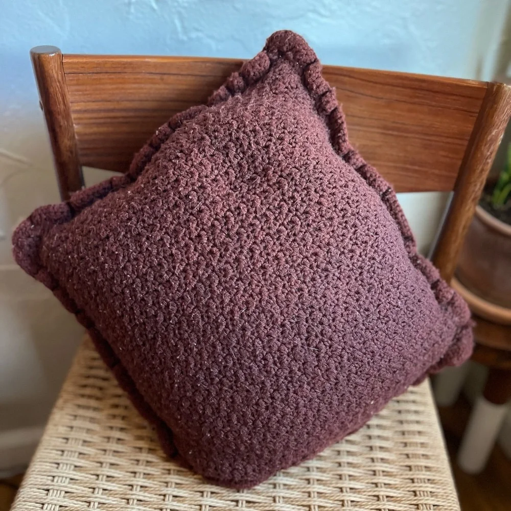 Vintage Crochet Pillow Handmade Granny Square + Chenille 70s Boho Throw Pillow